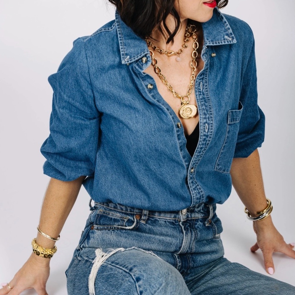 KMJ Meeghan Women's Blue Denim Button Down Shirt stand up collar